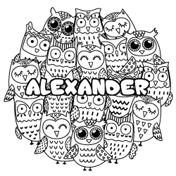 Coloring page first name ALEXANDER - Owls background