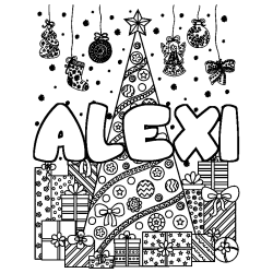 Coloring page first name ALEXI - Christmas tree and presents background
