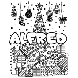 Coloring page first name ALFRED - Christmas tree and presents background