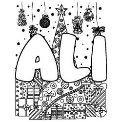 Coloring page first name ALI - Christmas tree and presents background