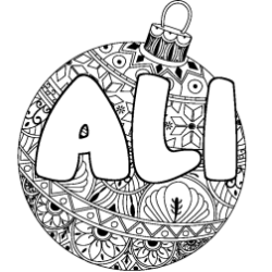 Coloring page first name ALI - Christmas tree bulb background