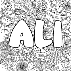 Coloring page first name ALI - Fruits mandala background