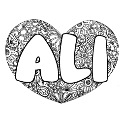 Coloring page first name ALI - Heart mandala background