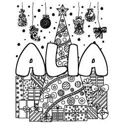 Coloring page first name ALIA - Christmas tree and presents background