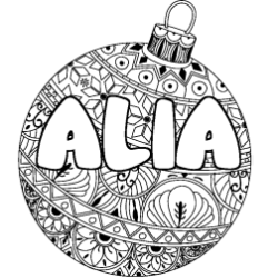 Coloring page first name ALIA - Christmas tree bulb background