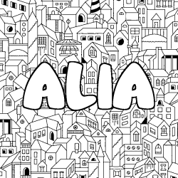 Coloring page first name ALIA - City background