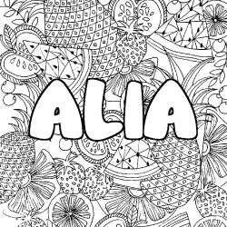 Coloring page first name ALIA - Fruits mandala background