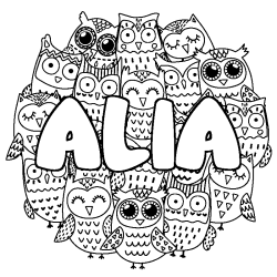 Coloring page first name ALIA - Owls background