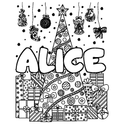 Coloring page first name ALICE - Christmas tree and presents background