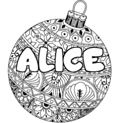 Coloring page first name ALICE - Christmas tree bulb background