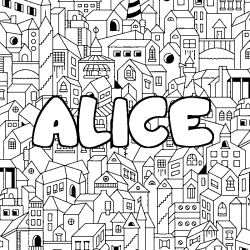 Coloring page first name ALICE - City background
