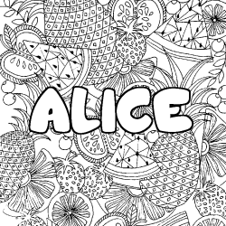 Coloring page first name ALICE - Fruits mandala background