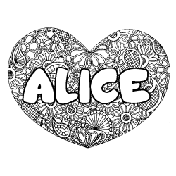 Coloring page first name ALICE - Heart mandala background