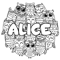 Coloring page first name ALICE - Owls background