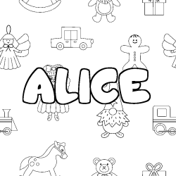 Coloring page first name ALICE - Toys background