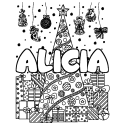Coloring page first name ALICIA - Christmas tree and presents background