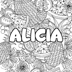 Coloring page first name ALICIA - Fruits mandala background