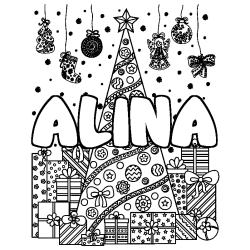 Coloring page first name ALINA - Christmas tree and presents background