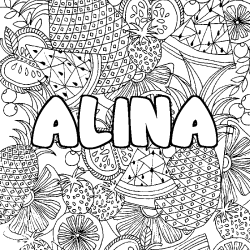 Coloring page first name ALINA - Fruits mandala background