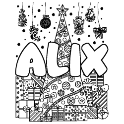 Coloring page first name ALIX - Christmas tree and presents background