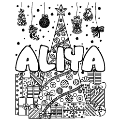 Coloring page first name ALIYA - Christmas tree and presents background