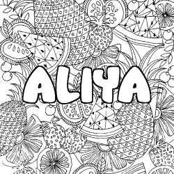 Coloring page first name ALIYA - Fruits mandala background