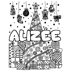 Coloring page first name ALIZÉE - Christmas tree and presents background