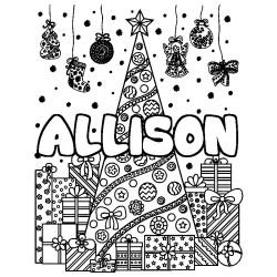 Coloring page first name ALLISON - Christmas tree and presents background