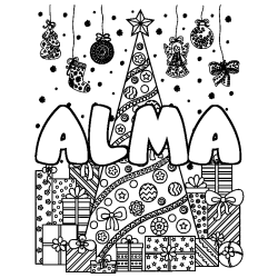 Coloring page first name ALMA - Christmas tree and presents background
