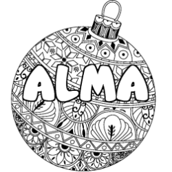 Coloring page first name ALMA - Christmas tree bulb background