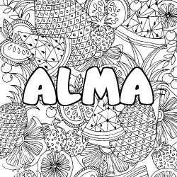 Coloring page first name ALMA - Fruits mandala background