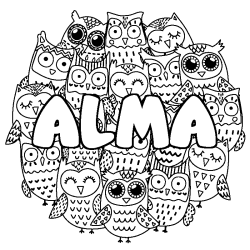 Coloring page first name ALMA - Owls background