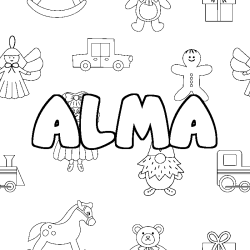 Coloring page first name ALMA - Toys background