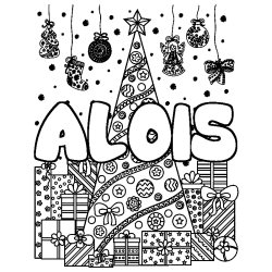 Coloring page first name ALOIS - Christmas tree and presents background