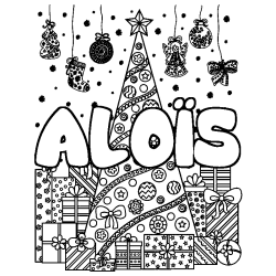Coloring page first name ALOÏS - Christmas tree and presents background