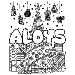 Coloring page first name ALOYS - Christmas tree and presents background