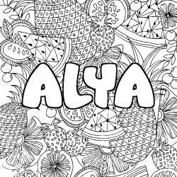 Coloring page first name ALYA - Fruits mandala background