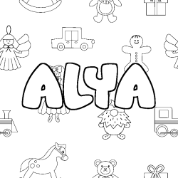 Coloring page first name ALYA - Toys background