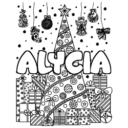Coloring page first name ALYCIA - Christmas tree and presents background