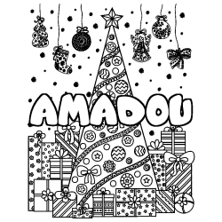 Coloring page first name AMADOU - Christmas tree and presents background