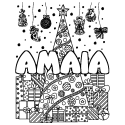 Coloring page first name AMAIA - Christmas tree and presents background