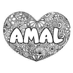 Coloring page first name AMAL - Heart mandala background