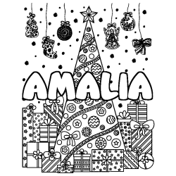 Coloring page first name AMALIA - Christmas tree and presents background