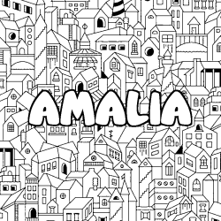 Coloring page first name AMALIA - City background