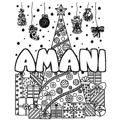 Coloring page first name AMANI - Christmas tree and presents background