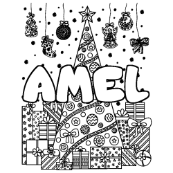 Coloring page first name AMEL - Christmas tree and presents background