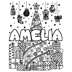Coloring page first name AMELIA - Christmas tree and presents background