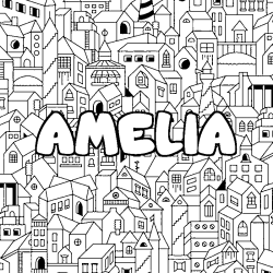 Coloring page first name AMELIA - City background