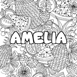 Coloring page first name AMELIA - Fruits mandala background
