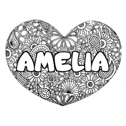 Coloring page first name AMELIA - Heart mandala background